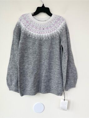 NWT Aspen Kids Fair Isle Purple Grey Pullover Sweater M Medium 7/8